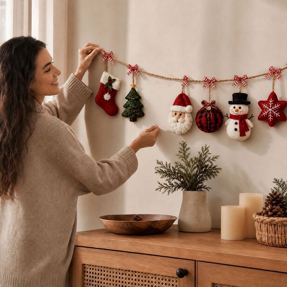 Cozy Christmas Fabric Garland, Christmas Decor, Winter Cedar | Red Green Checkered Rustic, Wreath Banner Tree Swag, Snowflake Star Ornament, Fireplace Mantel Porch and Gift