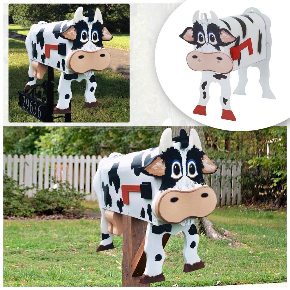 Solar Fireflies Cow Mailbox - Whimsical Animal Garden Decor with Nighttime Glow, Rustic Farmhouse Mailbox for Outdoor