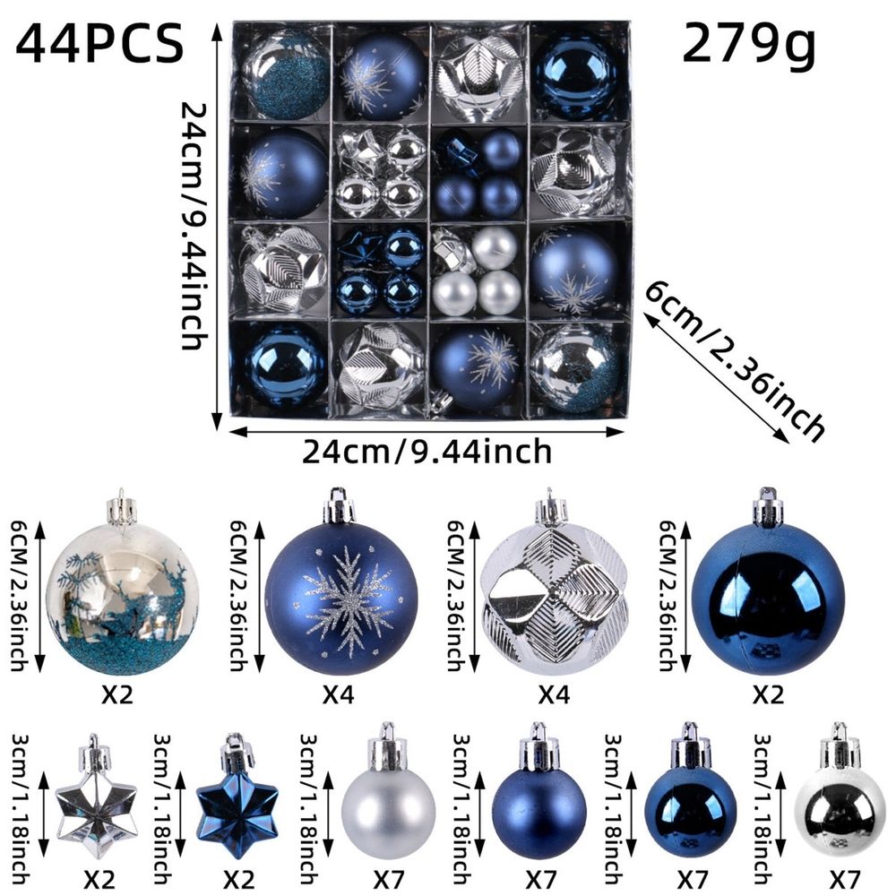 Blue Silver Christmas Ball Ornaments 44 Count, Bulk Glitter Hanging Decor Set For Tree Garland And Holiday Party