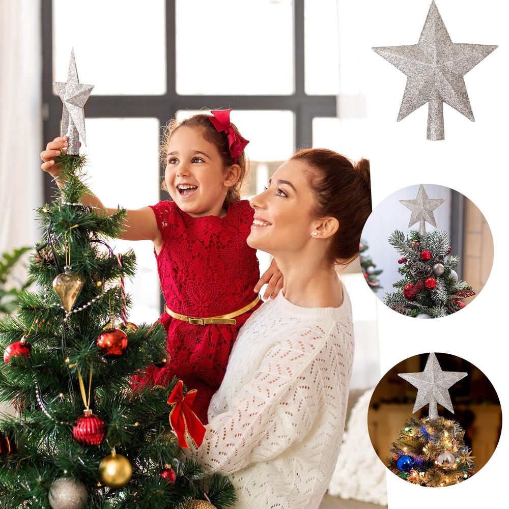 Glitter Christmas Tree Star Topper 8 Inch, Silvery Blue Hollowed Out Tree Top Star, Sparkling Holiday Home Decoration