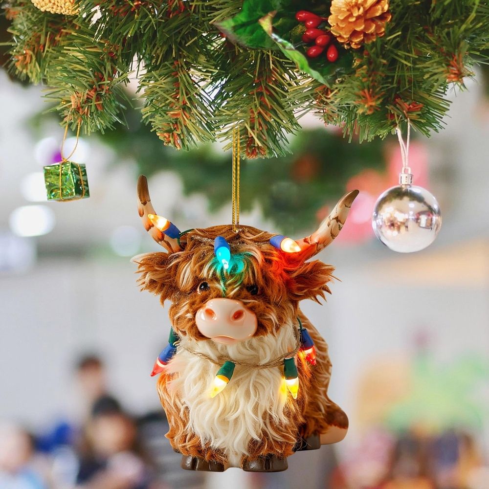 Christmas Highland Cow Ornaments, Funny Cartoon Acrylic Cow Pendants, Personalized Animal Themed Xmas Tree Home Decor