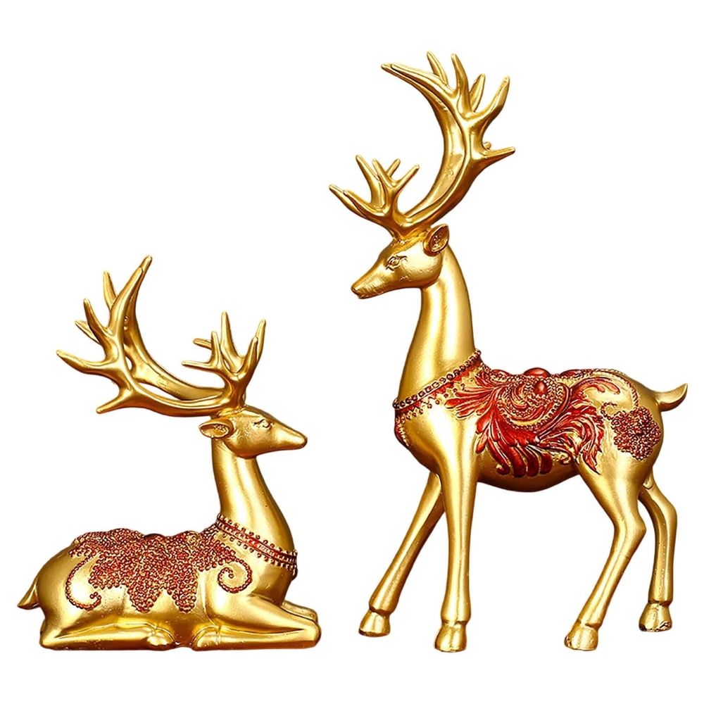 Resin Christmas Reindeer Figurines 2Pcs, Small Standing Sitting Deer Statue, Mini Tabletop Rustic Xmas Indoor Holiday Decor