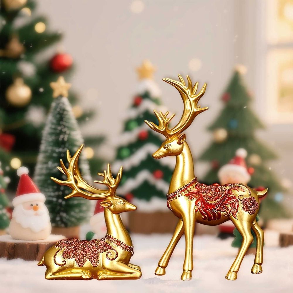 Resin Christmas Reindeer Figurines 2Pcs, Small Standing Sitting Deer Statue, Mini Tabletop Rustic Xmas Indoor Holiday Decor