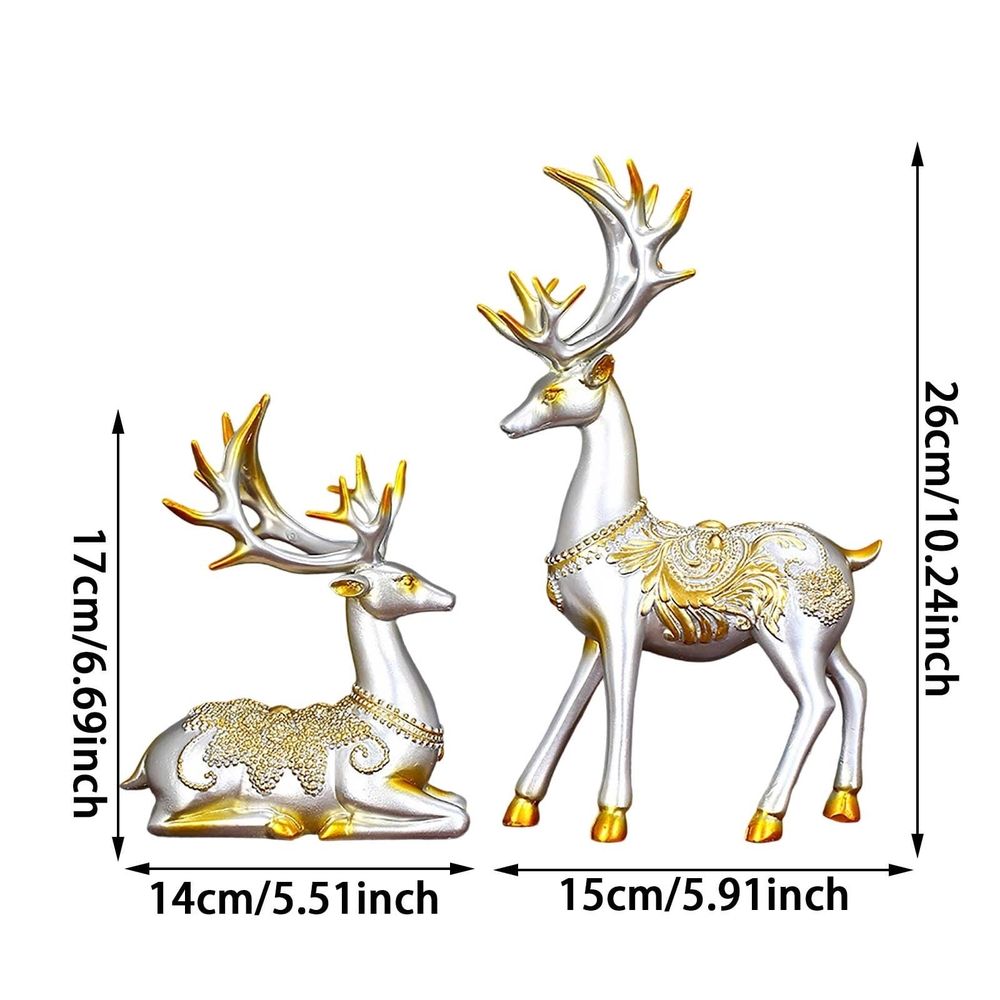 Resin Christmas Reindeer Figurines 2Pcs, Small Standing Sitting Deer Statue, Mini Tabletop Rustic Xmas Indoor Holiday Decor