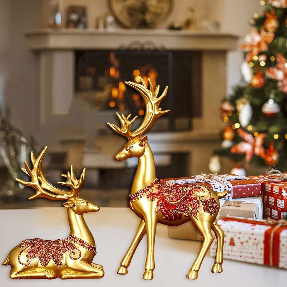 Resin Christmas Reindeer Figurines 2Pcs, Small Standing Sitting Deer Statue, Mini Tabletop Rustic Xmas Indoor Holiday Decor