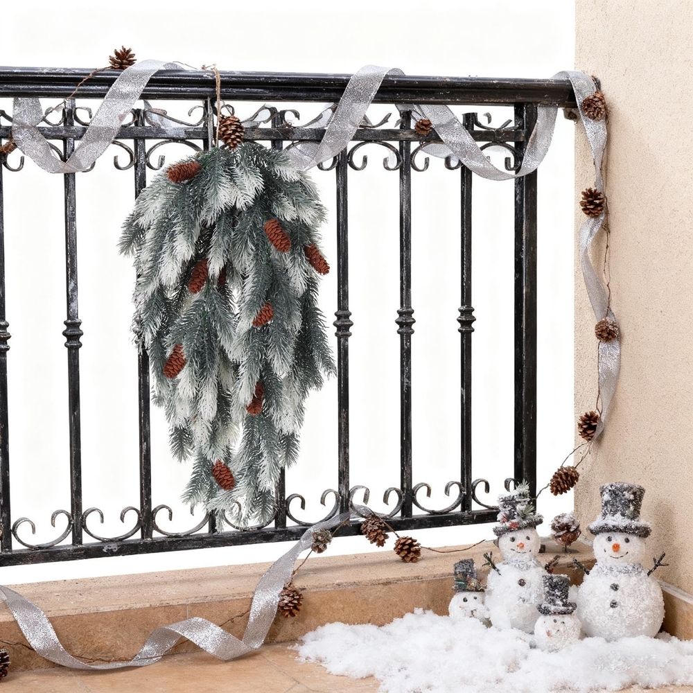Artificial Christmas Teardrop  30 Inch, Pine Needle Greenery With Pine Cone, Winter Front Door Stair Fireplace Indoor Outdoor Decor