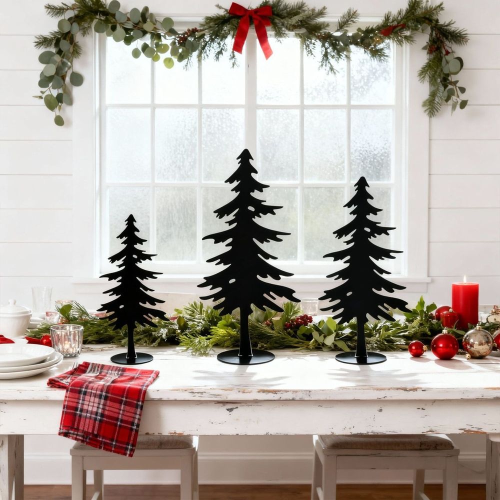 Black Metal Christmas Tree Decor Set, Three Piece Tabletop Holiday Ornament, Layered Winter Mantel Shelf Centerpiece, Sturdy Freestanding Design, Festive Home Party Decoration