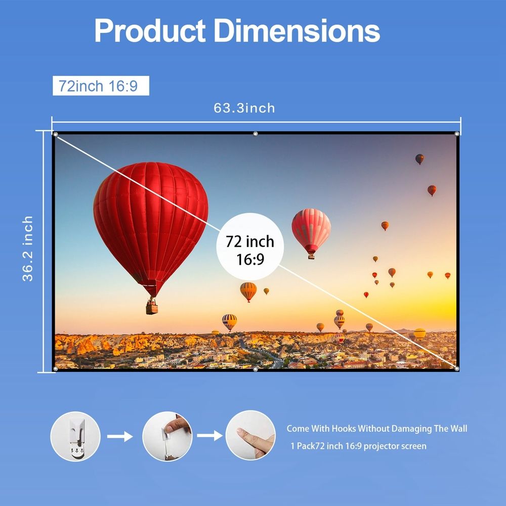 72-inch Portable HD Projector Screen 16:9 Projection Screen Foldable Wall Mounted For Outdoor Movies Home Theater Office