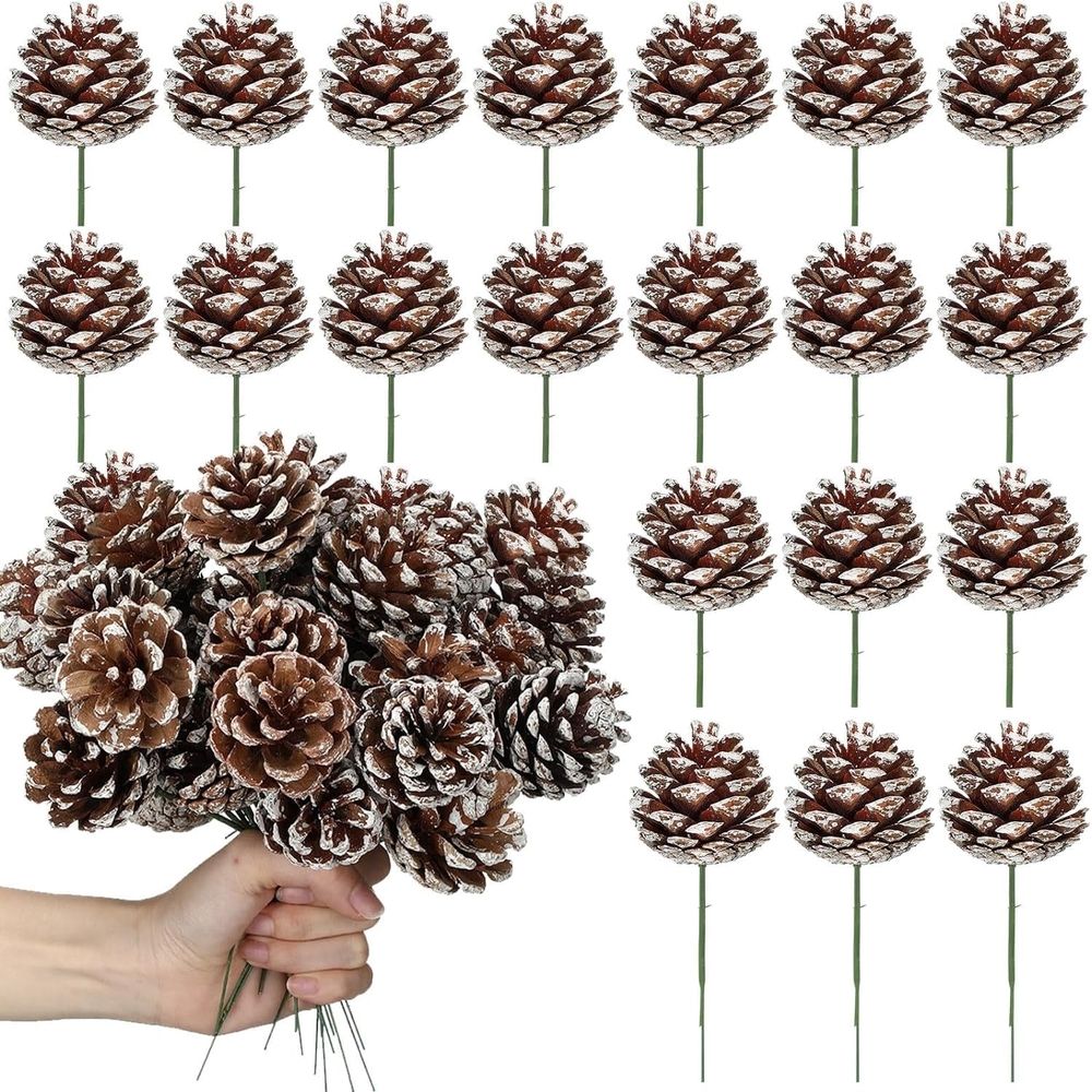 20 Pcs Christmas Natural Pine Cones Picks, 2 inch Snow Pine Cone for Christmas Tree Decorations Home Holiday Party DIY