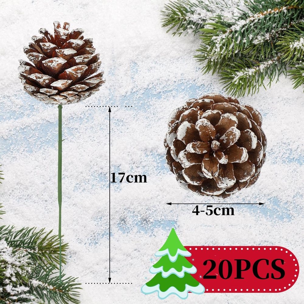 20 Pcs Christmas Natural Pine Cones Picks, 2 inch Snow Pine Cone for Christmas Tree Decorations Home Holiday Party DIY