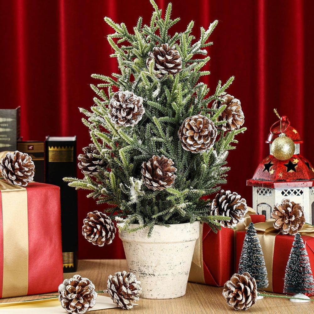 20 Pcs Christmas Natural Pine Cones Picks, 2 inch Snow Pine Cone for Christmas Tree Decorations Home Holiday Party DIY