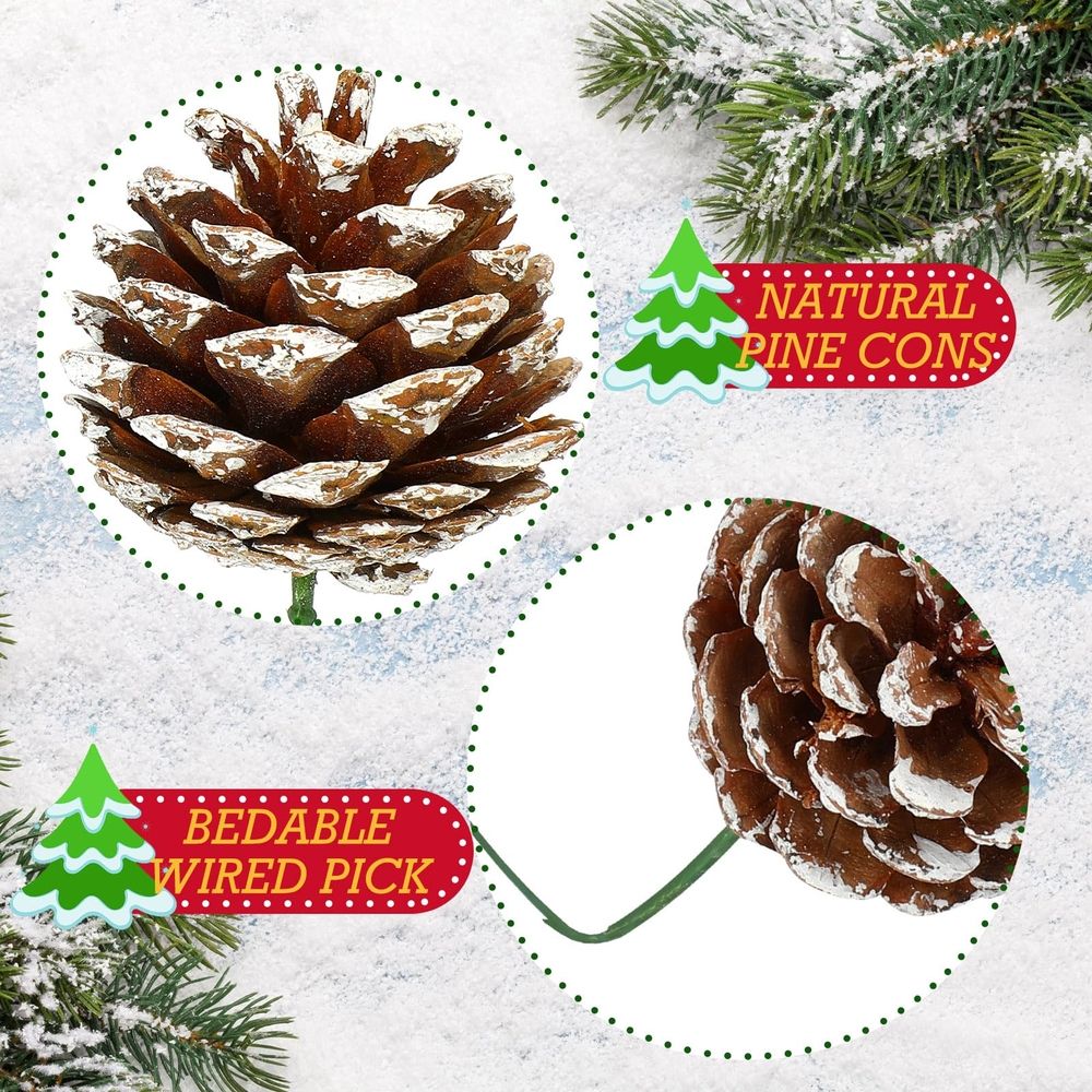 20 Pcs Christmas Natural Pine Cones Picks, 2 inch Snow Pine Cone for Christmas Tree Decorations Home Holiday Party DIY
