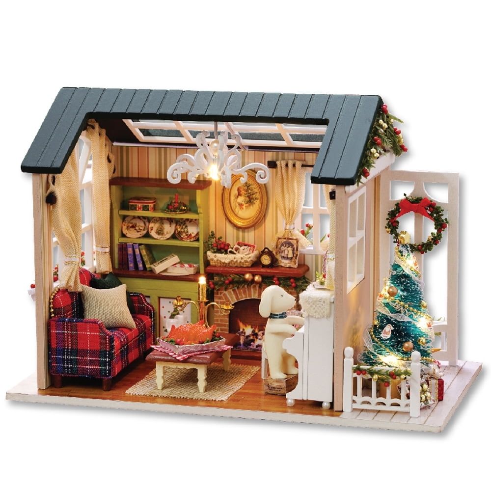 Miniature Dollhouse Kit DIY Christmas Realistic Mini 3D Wooden House with LED Lights Children's Day Birthday Gift Christmas House Decoration