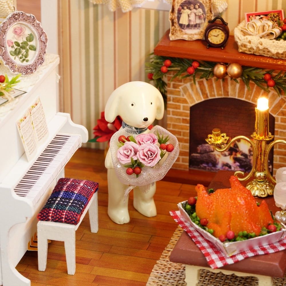 Miniature Dollhouse Kit DIY Christmas Realistic Mini 3D Wooden House with LED Lights Children's Day Birthday Gift Christmas House Decoration