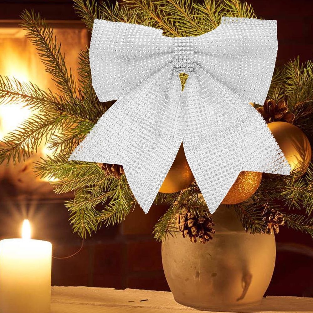 Silver Christmas Bow Tree Topper Ornament with Cloth and Plastic