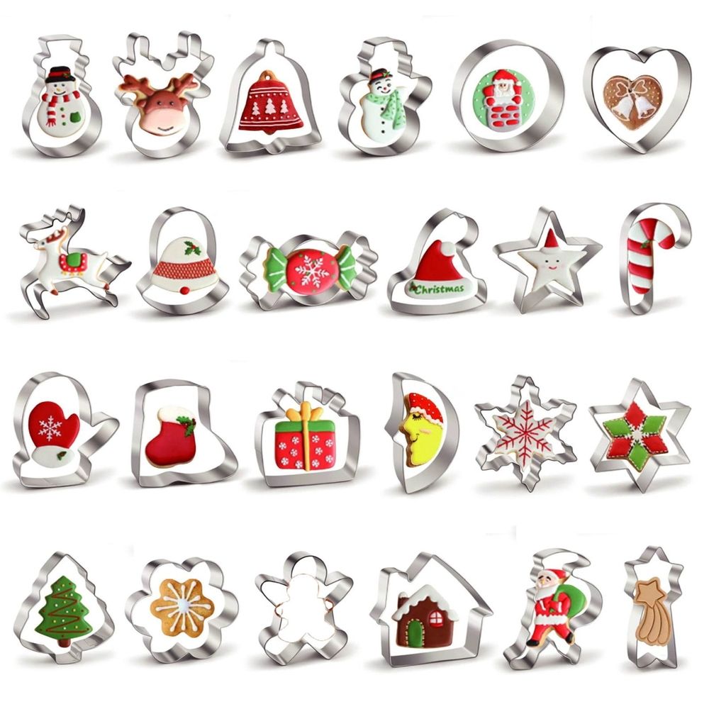 24PCS Christmas Cookie Cutters Set, Stainless Steel Holiday Cookie Cutters with Snowman, Snowflake, Santa and More, Durable Metal Baking Tools, for Xmas Winter Baking, Party Decor