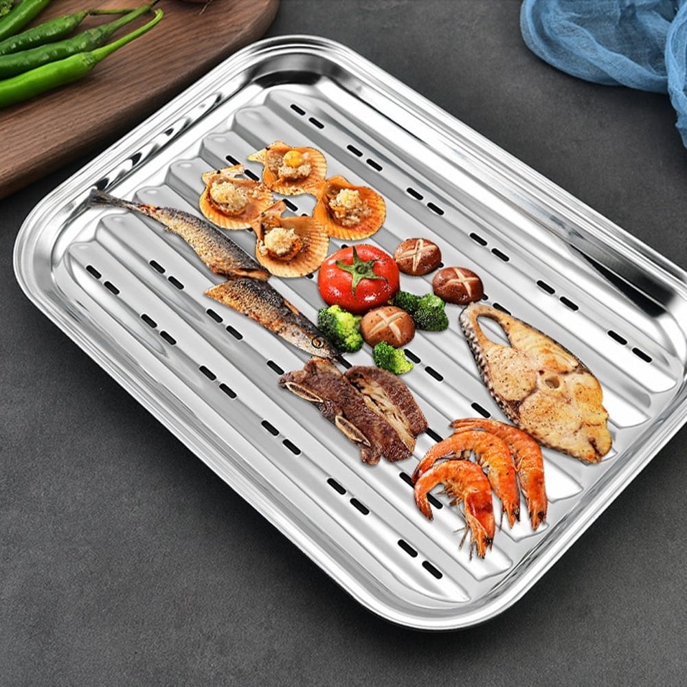 2 PCS Pans Veggie Tray Barbecue Plate Stainless Steel Seafood Storage Multipurpose Trays Outdoor Grill Toaster Oven