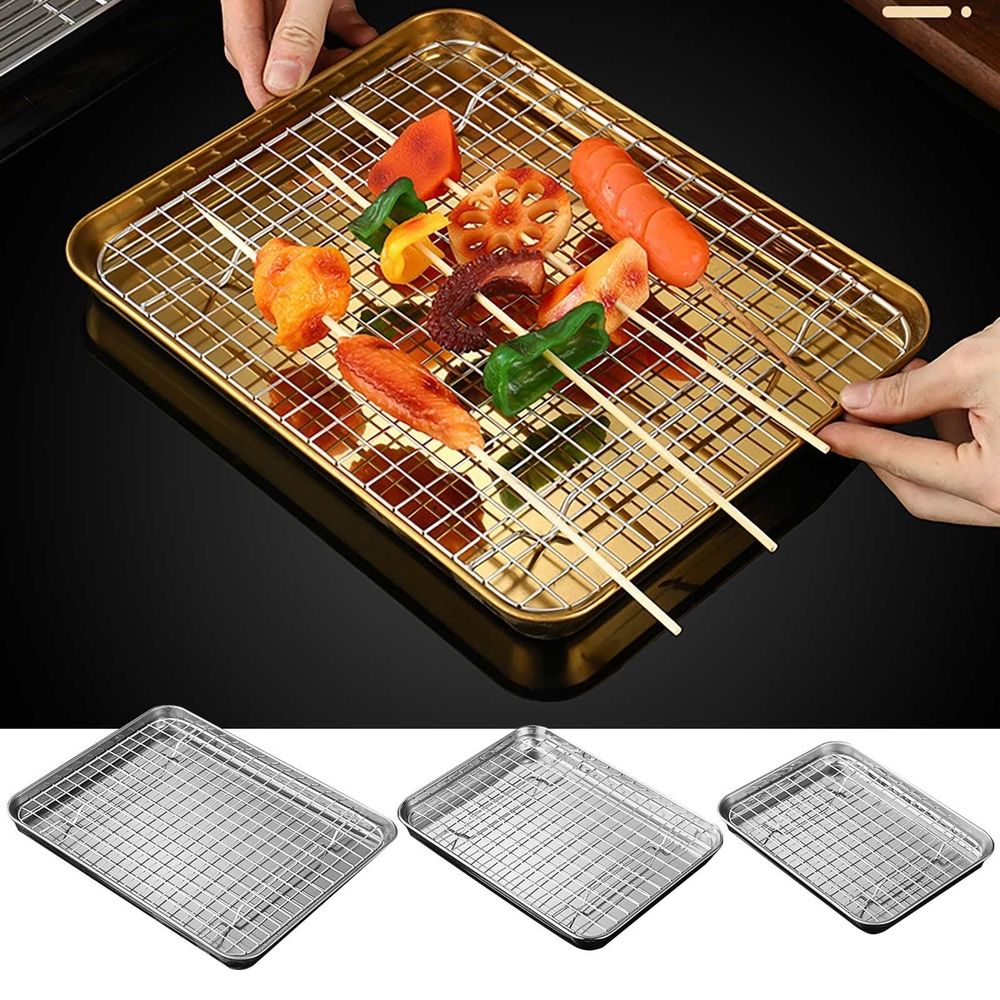 Baking trays & trays   ,1 Set Stainless Stel Bakeware Rectangular Tray Food Storage Tray App Etizer Plates Flat Bottom Baking Pan Cool Ing Rack Baking Dish Drying Rack Kitchen Su
