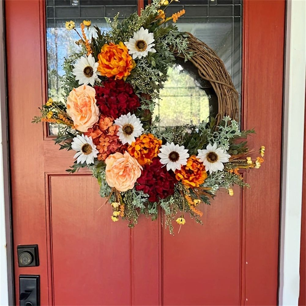 Flower Wreath *1 Elegant Large Artificial Flower Wreath with Red Roses Beige/ /Orange/ & Daisies All Season Door Decoration for Front Door Christmas