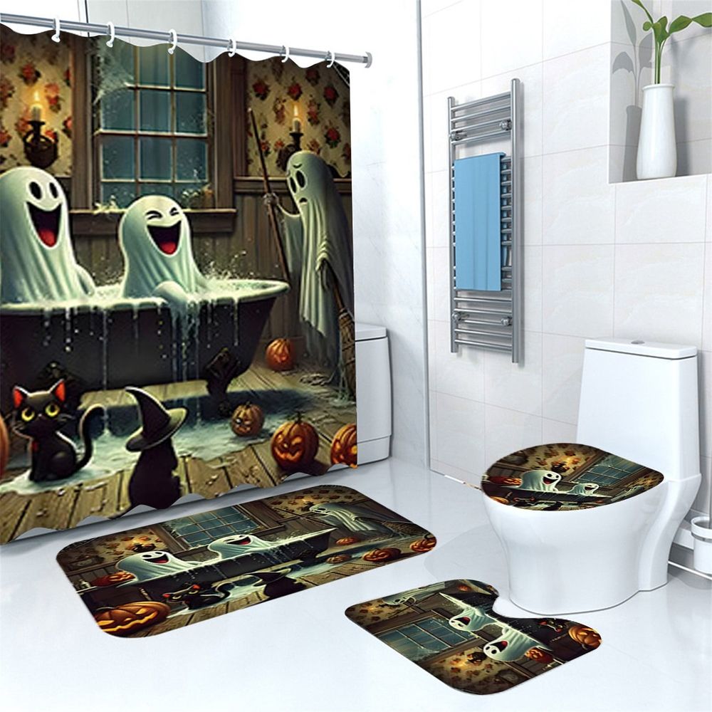 Shower curtain,Halloween Shower Curtain Set Halloween Bathroom Curtain Set Shower Curtain Pumpkin Shower Curtain Set With Non Slip Rugs Toilet Lid Cover And Bath Mat