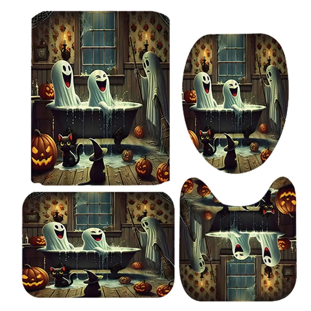 Shower curtain,Halloween Shower Curtain Set Halloween Bathroom Curtain Set Shower Curtain Pumpkin Shower Curtain Set With Non Slip Rugs Toilet Lid Cover And Bath Mat