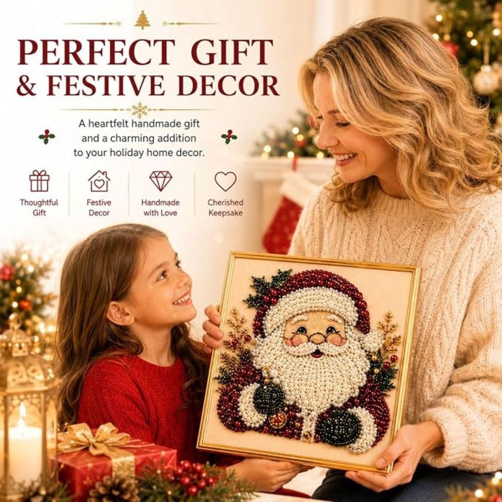 DIY Christmas Pearl Diamond Painting Art Kit with Frame, Low Difficulty 3D Pearl Craft Kit For Leisure Hours, Xmas Hanging Decor, Decorative Piece For Bedroom And Console Tables