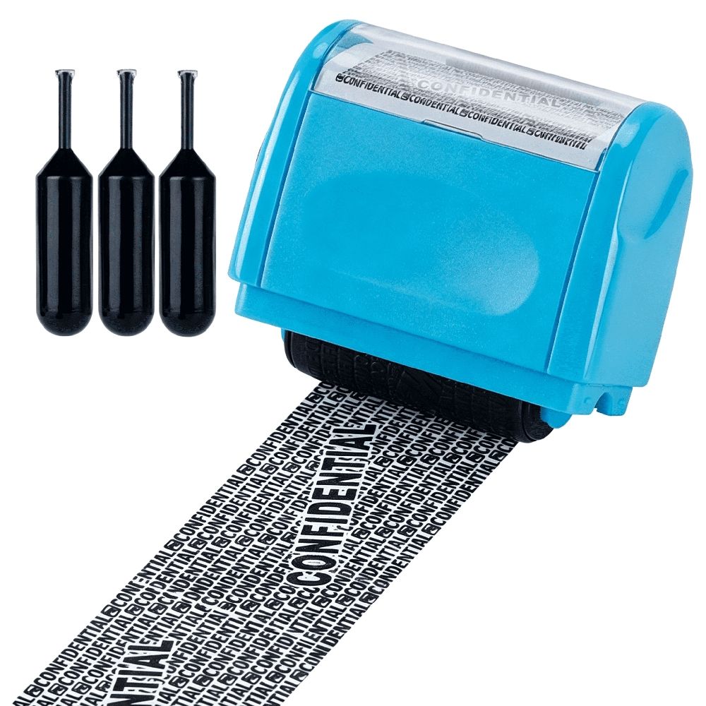 Identity Protection Roller Stamp Roller Identity Theft Prevention Security Stamp with 3 Refills - Blue