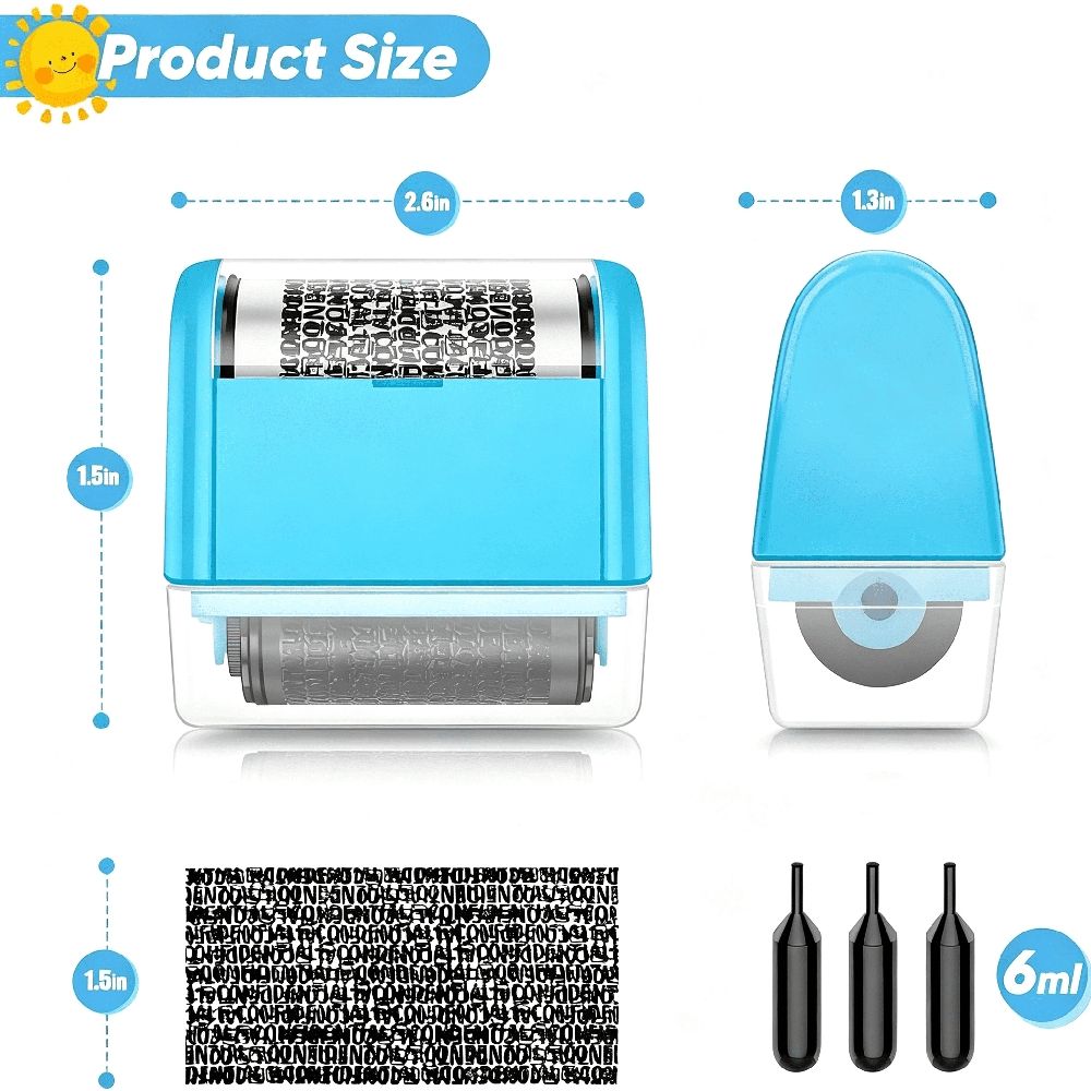 Identity Protection Roller Stamp Roller Identity Theft Prevention Security Stamp with 3 Refills - Blue