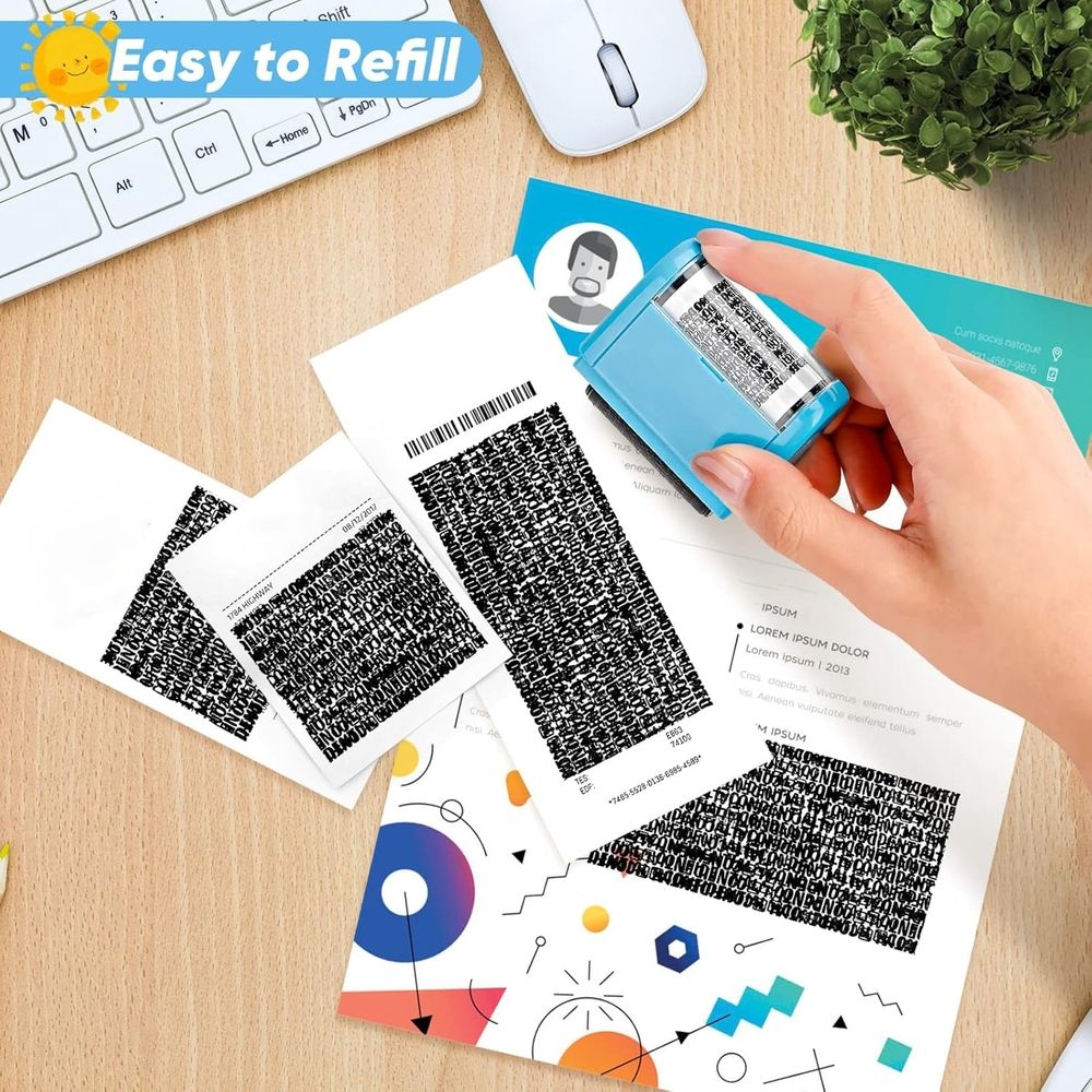 Identity Protection Roller Stamp Roller Identity Theft Prevention Security Stamp with 3 Refills - Blue