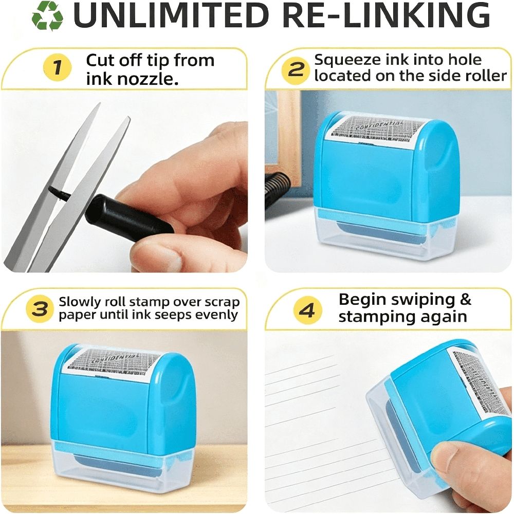 Identity Protection Roller Stamp Roller Identity Theft Prevention Security Stamp with 3 Refills - Blue