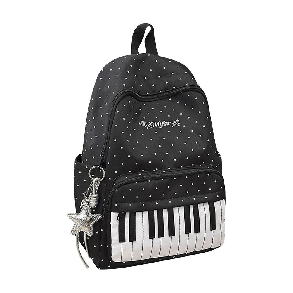 Piano Backpack, Polka Dot Backpack, Music Backpack, Coquette Aesthetic Backpack, Music Note Daypack, Casual Travel Rucksack, Lightweight Nylon Bookbag for Commute Travel Daily Use, White