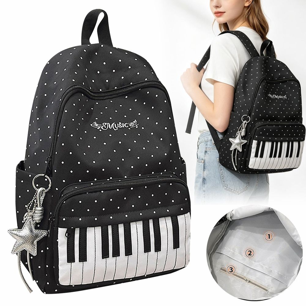 Piano Backpack, Polka Dot Backpack, Music Backpack, Coquette Aesthetic Backpack, Music Note Daypack, Casual Travel Rucksack, Lightweight Nylon Bookbag for Commute Travel Daily Use, White