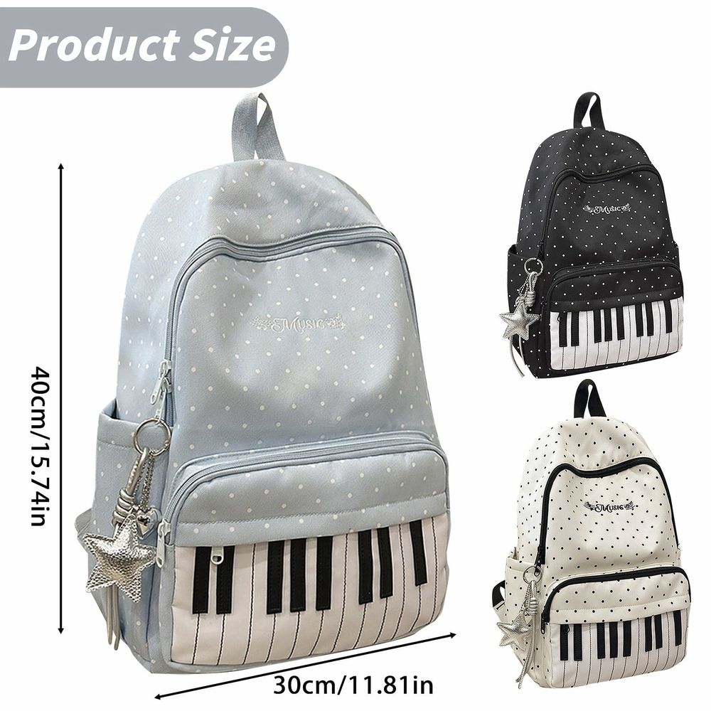 Piano Backpack, Polka Dot Backpack, Music Backpack, Coquette Aesthetic Backpack, Music Note Daypack, Casual Travel Rucksack, Lightweight Nylon Bookbag for Commute Travel Daily Use, White