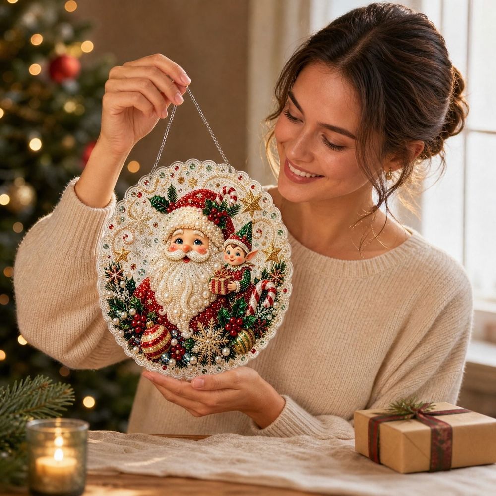 Pearl Santa Christmas Santa Pearl DIY Art Kit Easy Beaded Embroidery Craft Set with Frame for Holiday Party Decor & Handmade Gift