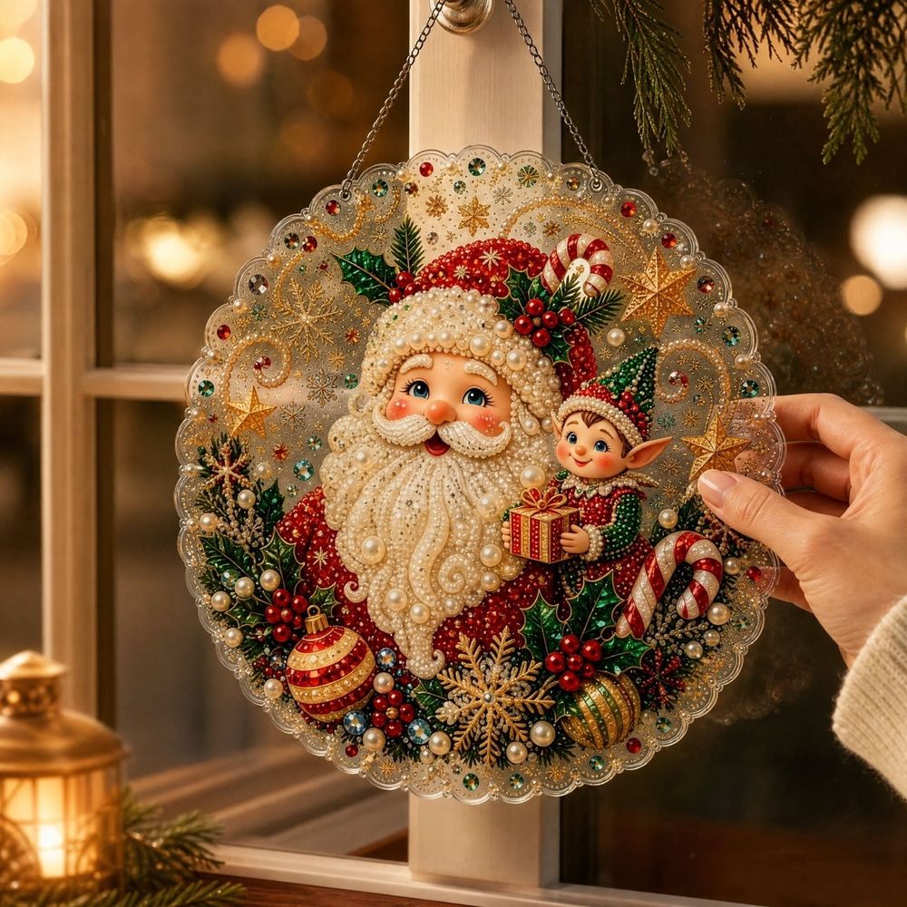 Pearl Santa Christmas Santa Pearl DIY Art Kit Easy Beaded Embroidery Craft Set with Frame for Holiday Party Decor & Handmade Gift