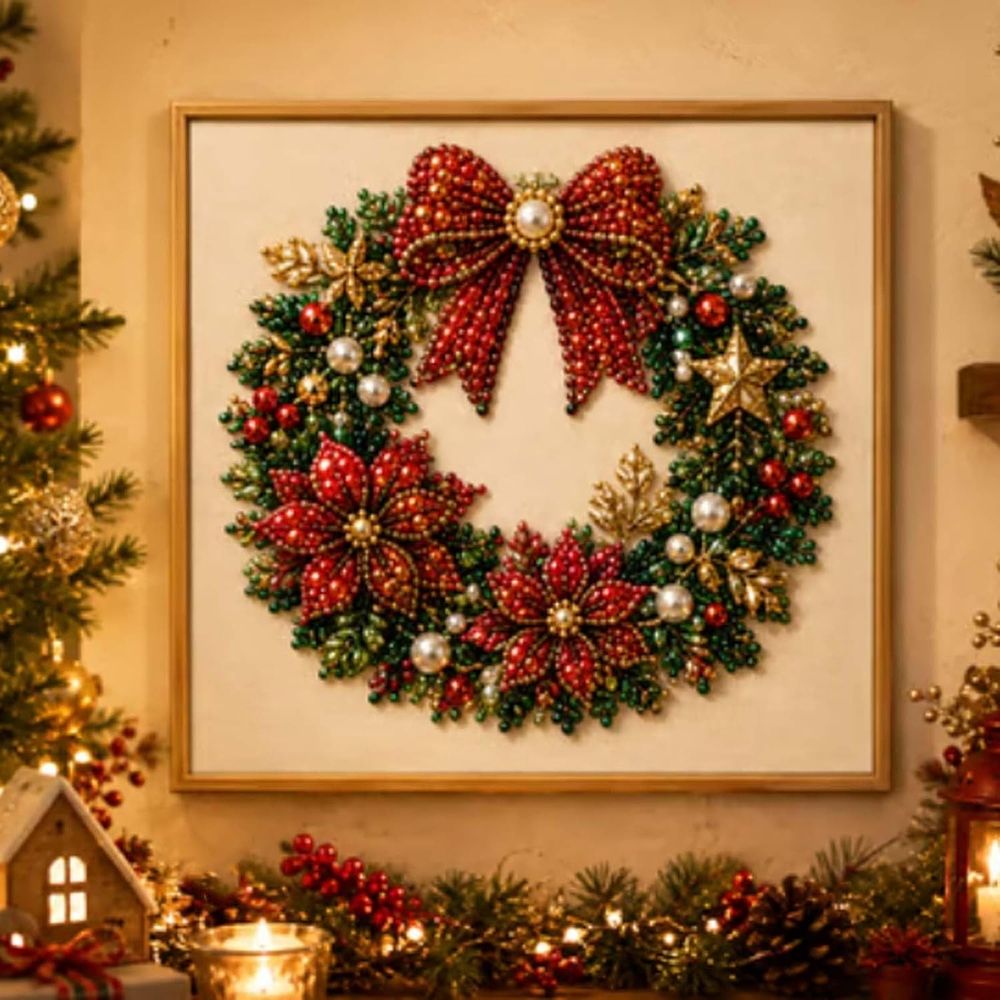 DIY Christmas Pearl Diamond Painting Art Kit with Frame, Christmas Pearl Beads Art Craft for Adults & Beginners, Gemstone Diamond Dots Beads Painting for Home Wall Decor，Style-A