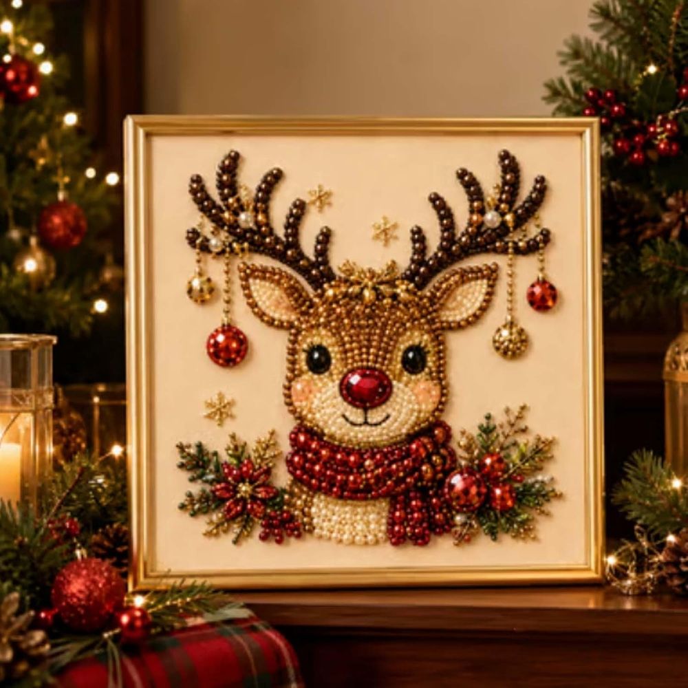 DIY Christmas Pearl Diamond Painting Art Kit with Frame, Christmas Pearl Beads Art Craft for Adults & Beginners, Gemstone Diamond Dots Beads Painting for Home Wall Decor，Style-A