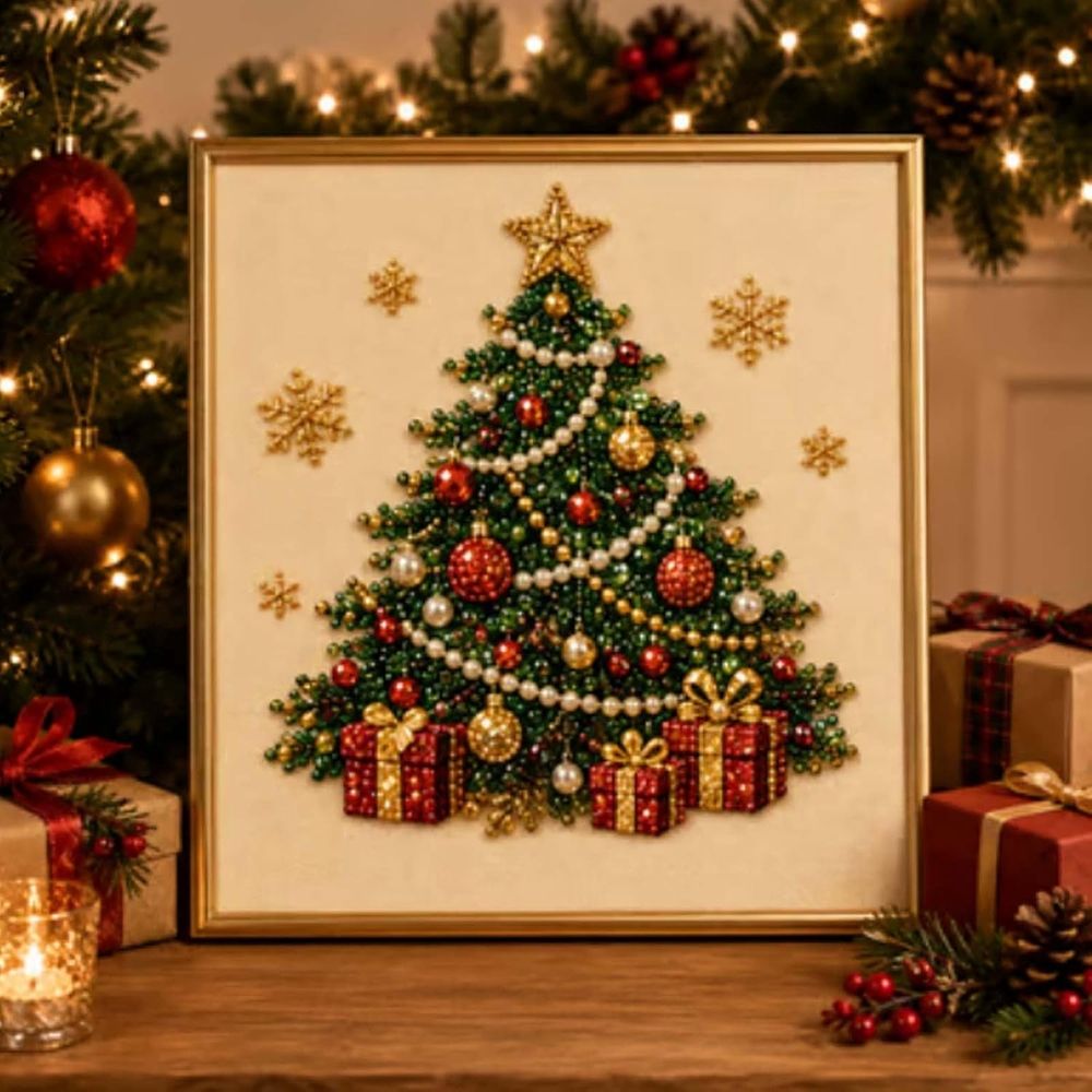 DIY Christmas Pearl Diamond Painting Art Kit with Frame, Christmas Pearl Beads Art Craft for Adults & Beginners, Gemstone Diamond Dots Beads Painting for Home Wall Decor，Style-A