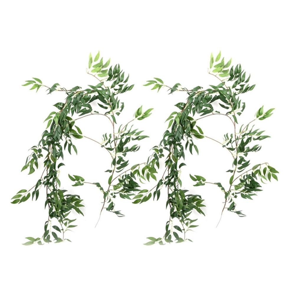 Artificial Willow Rattan Garland with Handmade Plastic Green Leaves, 170cm Length, 2 Pieces for Home and Event Decoration