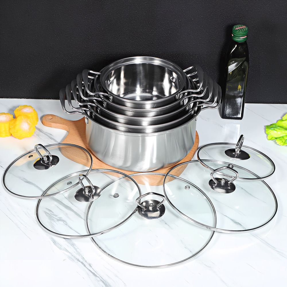 5-Piece Large Stainless Steel Stockpot Set with Glass Lids for Cooking and Kitchen Use