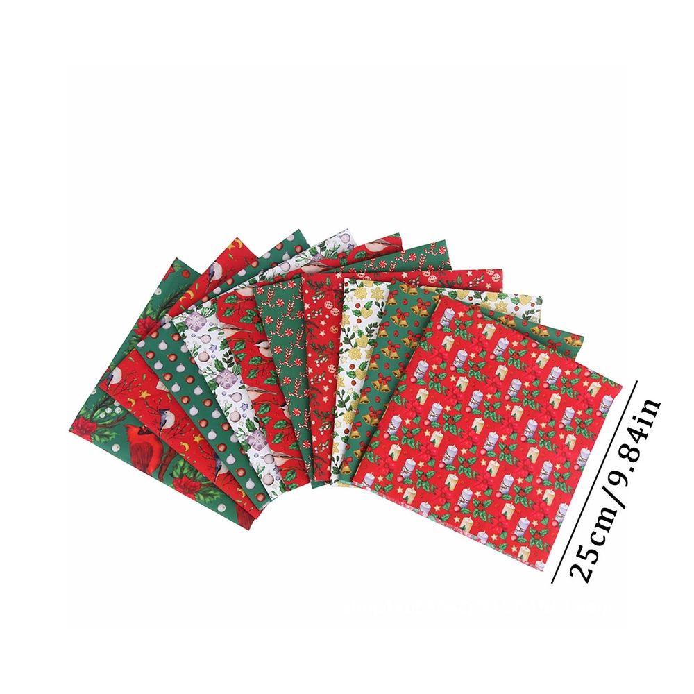 10 Pieces Christmas Cotton Bundles 25 x 25 cm Quilting Fabric Sewing Squares Bundle Multicolor Fabric Patchwork Christmas Tree Quarters Precut Santa Fabric Scraps for Christmas DIY