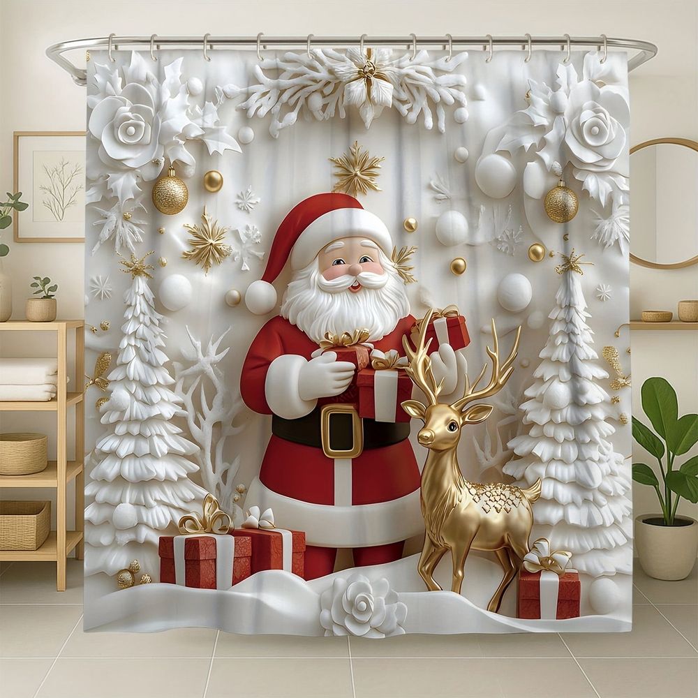 Santa Claus and Reindeer 4 Piece Christmas Bathroom Set – Shower Curtain Toilet Mat 2 Floor Mats Non Slip Waterproof Holiday Decor with Hooks for Festive Bathroom Clearance