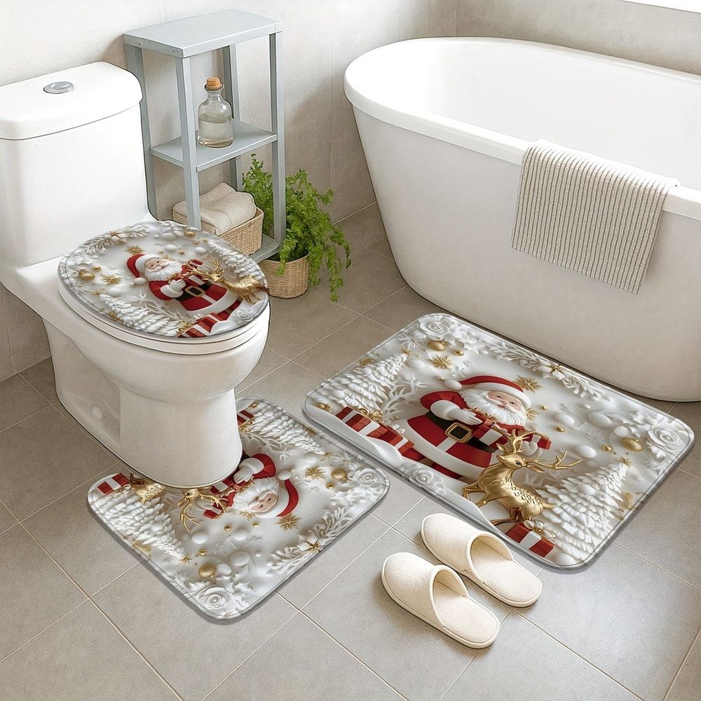 Santa Claus and Reindeer 4 Piece Christmas Bathroom Set – Shower Curtain Toilet Mat 2 Floor Mats Non Slip Waterproof Holiday Decor with Hooks for Festive Bathroom Clearance
