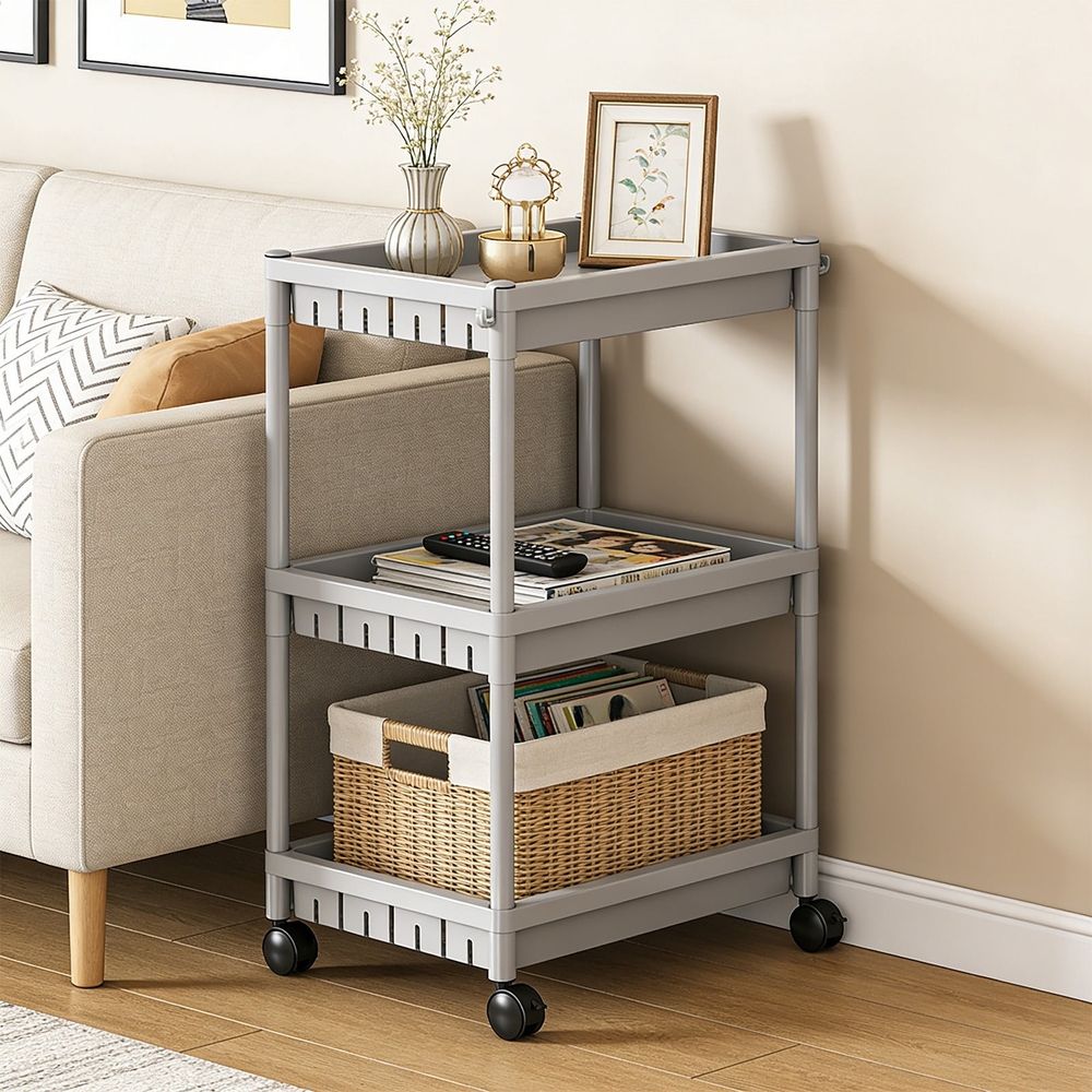Rolling Storage Rack, 4 Tier Plastic Shelving Unit with Wheels and Hooks, Mobile Organizer for Kitchen Bathroom Bedroom and Living Room