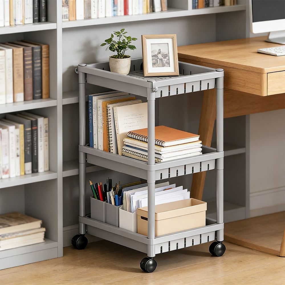 Rolling Storage Rack, 4 Tier Plastic Shelving Unit with Wheels and Hooks, Mobile Organizer for Kitchen Bathroom Bedroom and Living Room