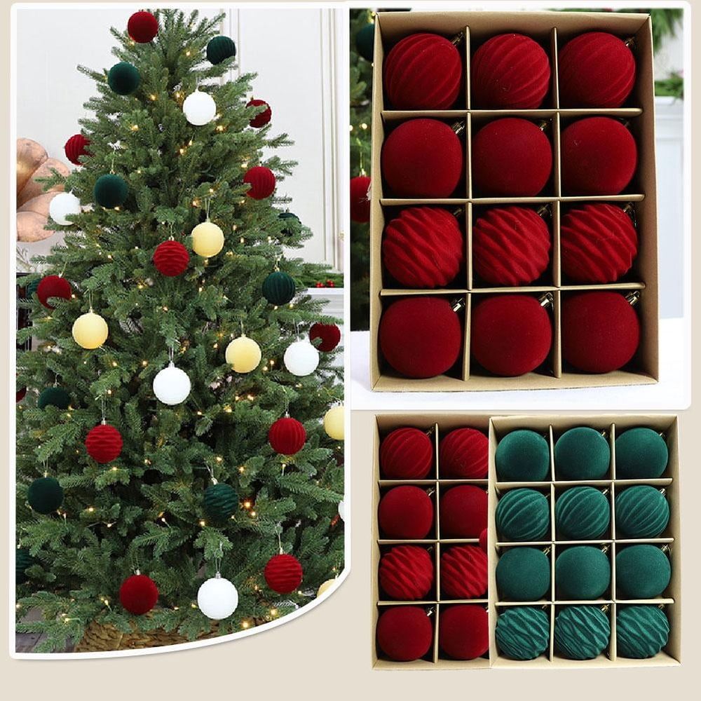 Flocking Red Glitter Ornaments Ball Christmas Ball Dark Christmas Ornaments Sets Velvet Red Christmas Balls Ornaments Christmas Ball Christmas Tree Decoration 12pcs