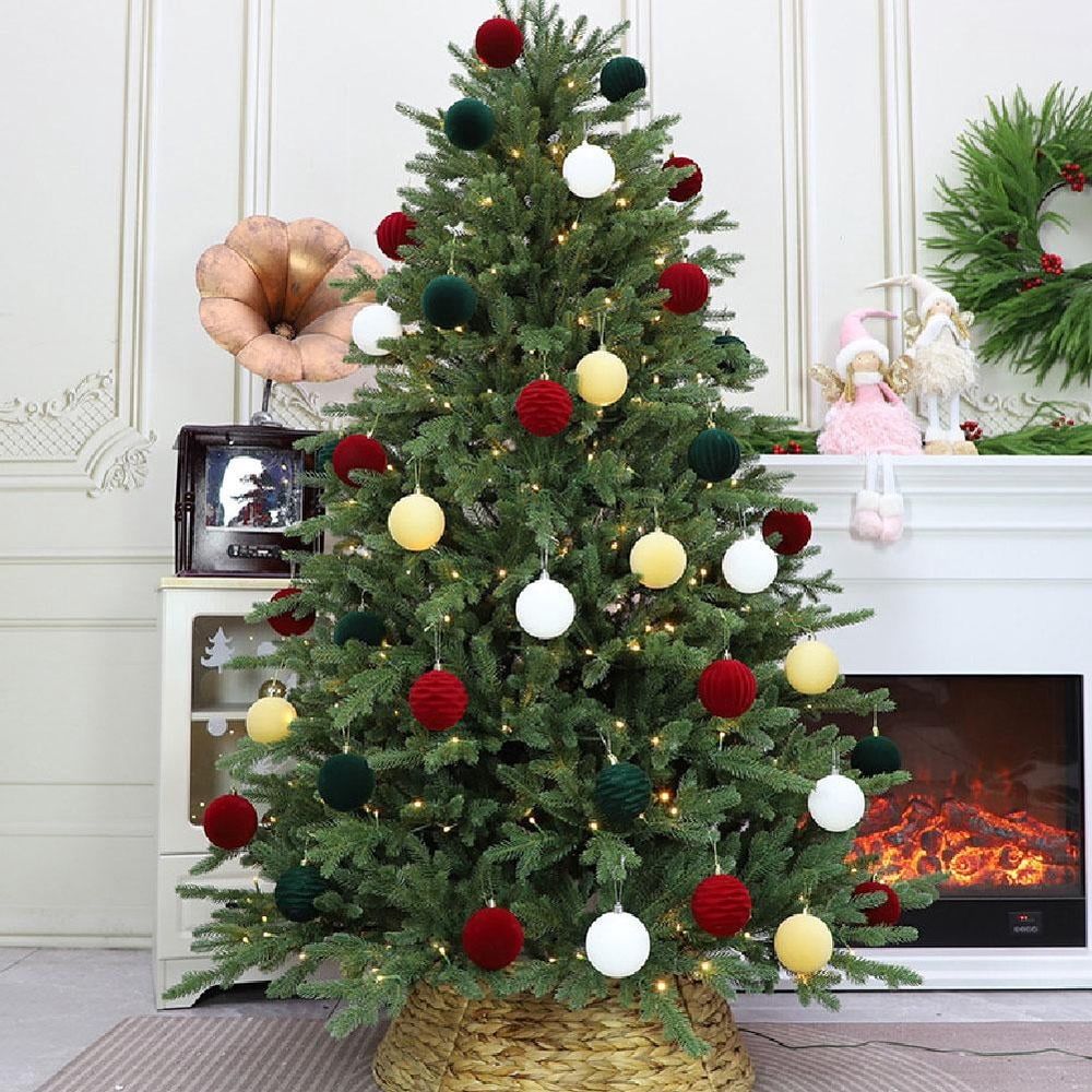 Flocking Red Glitter Ornaments Ball Christmas Ball Dark Christmas Ornaments Sets Velvet Red Christmas Balls Ornaments Christmas Ball Christmas Tree Decoration 12pcs