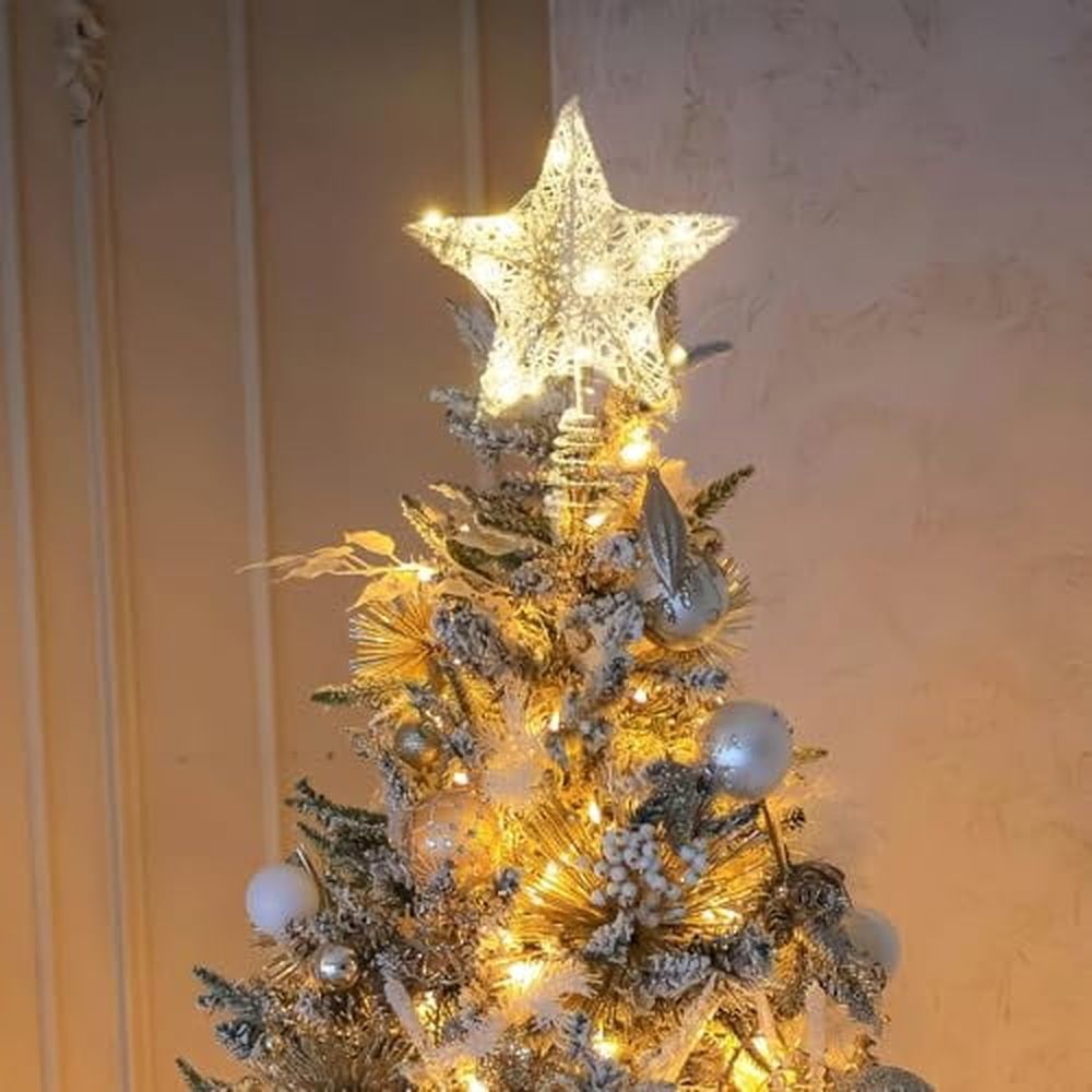 Lighted Christmas Tree Star Topper Glittered Gold Hollow Star Treetop for Home Christmas Tree Decoration (Silver)