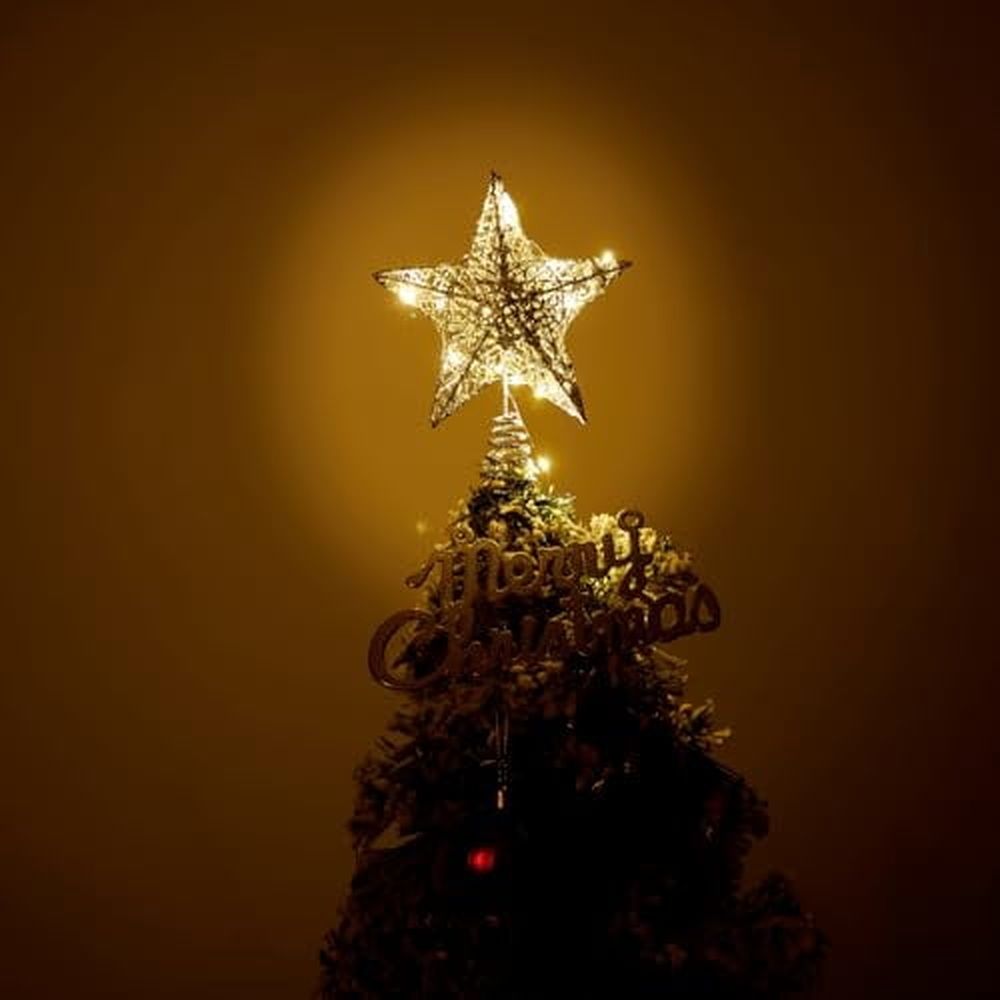 Lighted Christmas Tree Star Topper Glittered Gold Hollow Star Treetop for Home Christmas Tree Decoration (Silver)