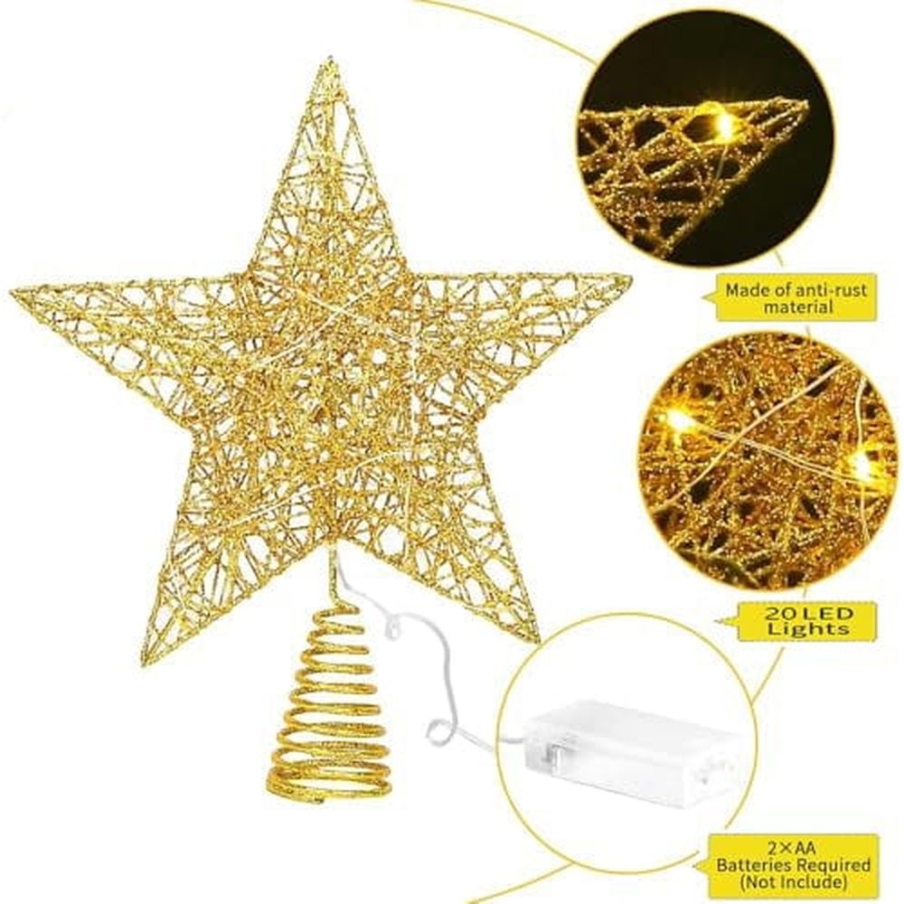 Christmas Tree Topper Star LED ligthts Tree Toppers Christmas Decorations,Gold Glittered Metal Christmas Tree Decorations for Home Party Holiday Winter Xmas Tree Bar Shop Office Decoration